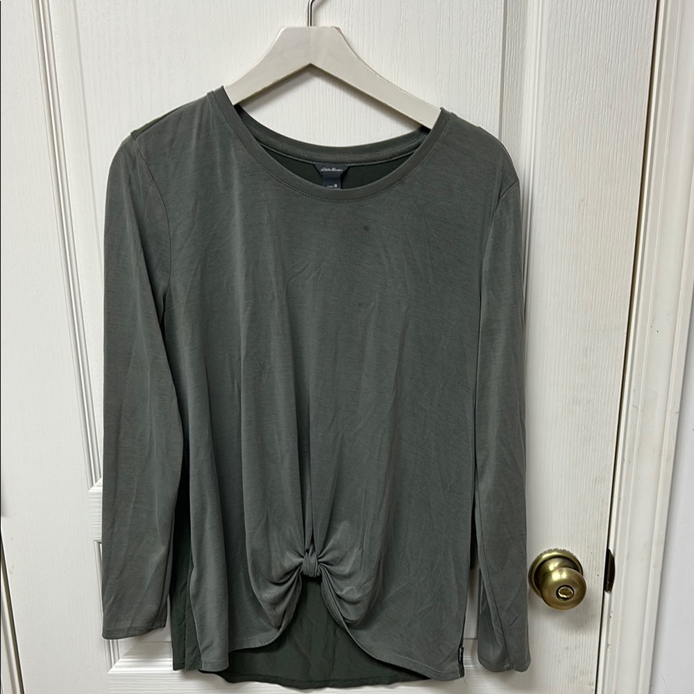 Eddie Bauer Olive Green 3/4 Sleeve Tie Front Blouse